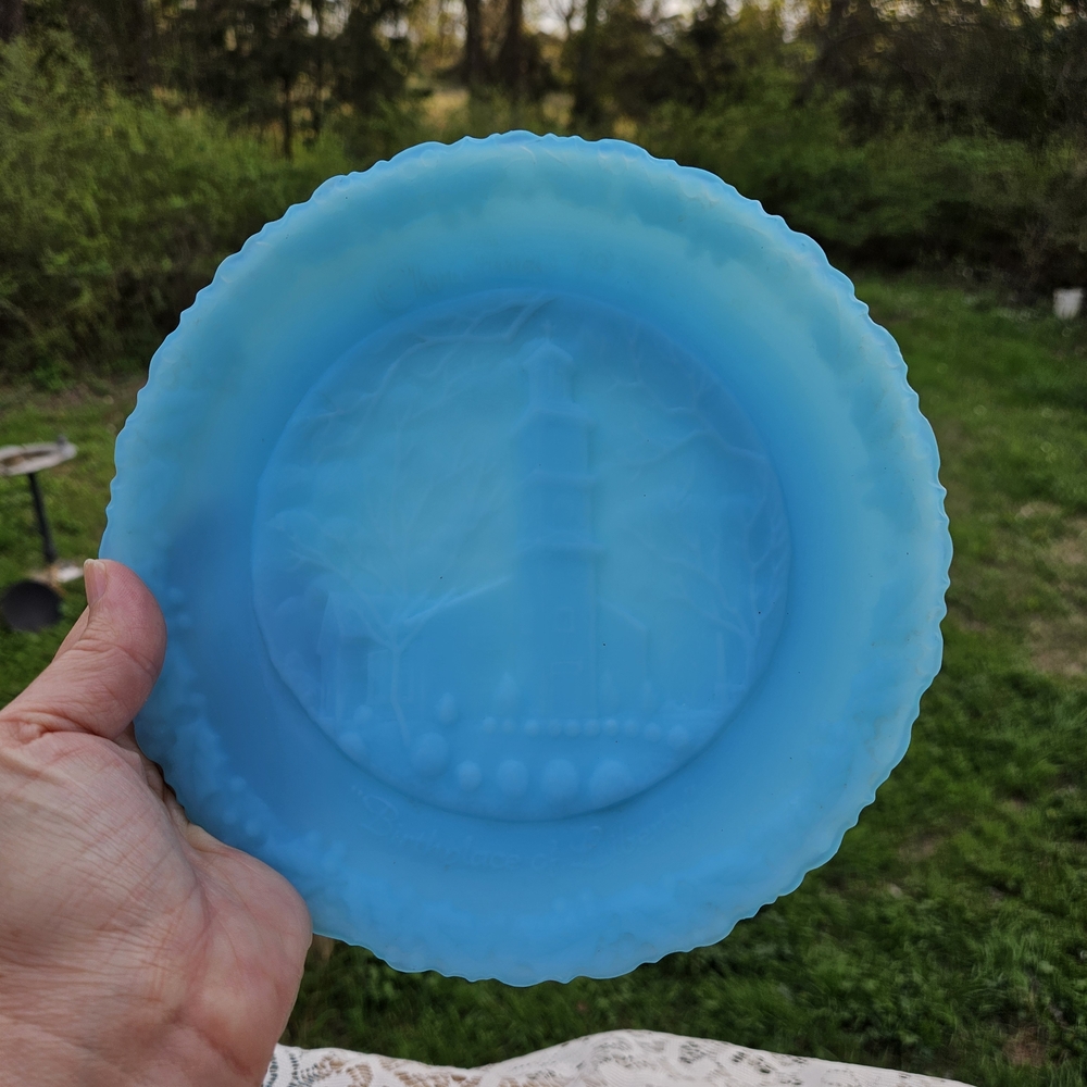 Vintage Fenton Collectible Christmas Plate Blue Frosted Glass